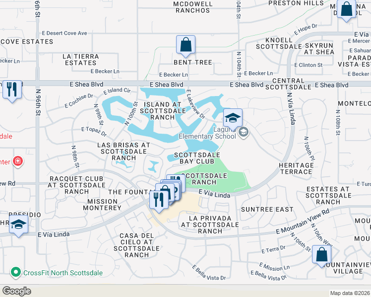 map of restaurants, bars, coffee shops, grocery stores, and more near 10157 East Topaz Drive in Scottsdale