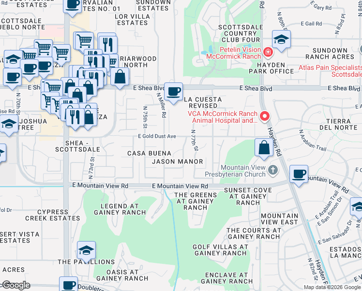 map of restaurants, bars, coffee shops, grocery stores, and more near 7638 East Onyx Court in Scottsdale
