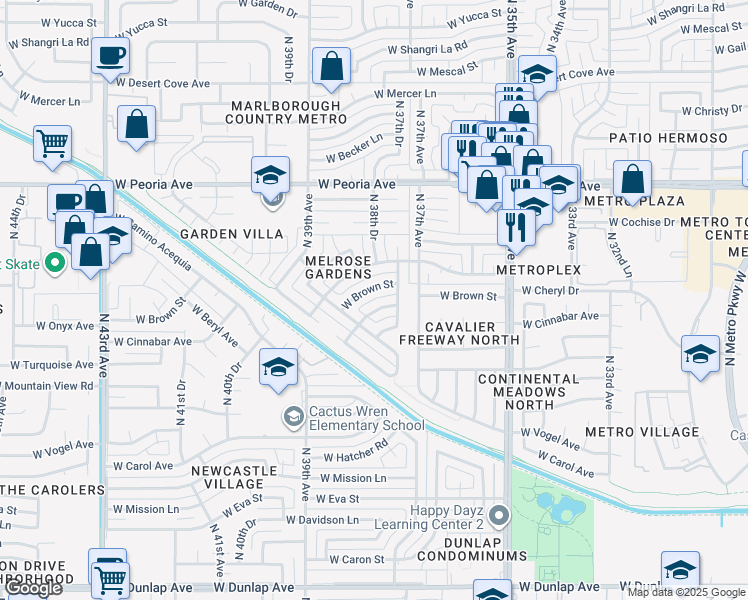 map of restaurants, bars, coffee shops, grocery stores, and more near 3825 West Brown Street in Phoenix