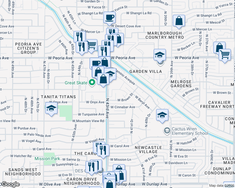 map of restaurants, bars, coffee shops, grocery stores, and more near 10032 North 42nd Drive in Phoenix