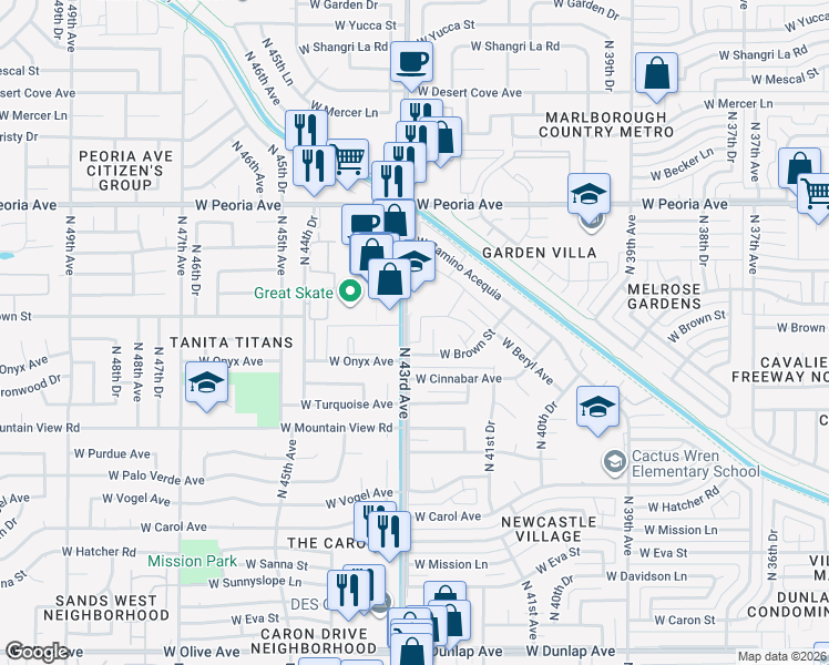 map of restaurants, bars, coffee shops, grocery stores, and more near 10032 North 42nd Drive in Phoenix