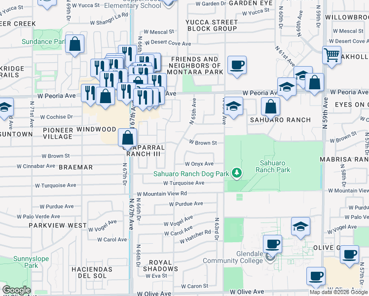 map of restaurants, bars, coffee shops, grocery stores, and more near 10022 North 64th Avenue in Glendale