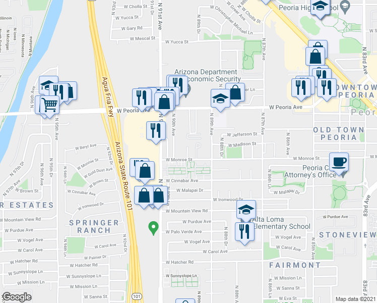 map of restaurants, bars, coffee shops, grocery stores, and more near 8954 West Monroe Street in Peoria