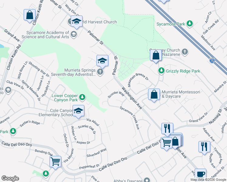 map of restaurants, bars, coffee shops, grocery stores, and more near 23515 Scooter Way in Murrieta