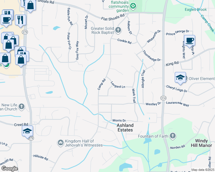 map of restaurants, bars, coffee shops, grocery stores, and more near 6503 Tent Valley Drive in Riverdale