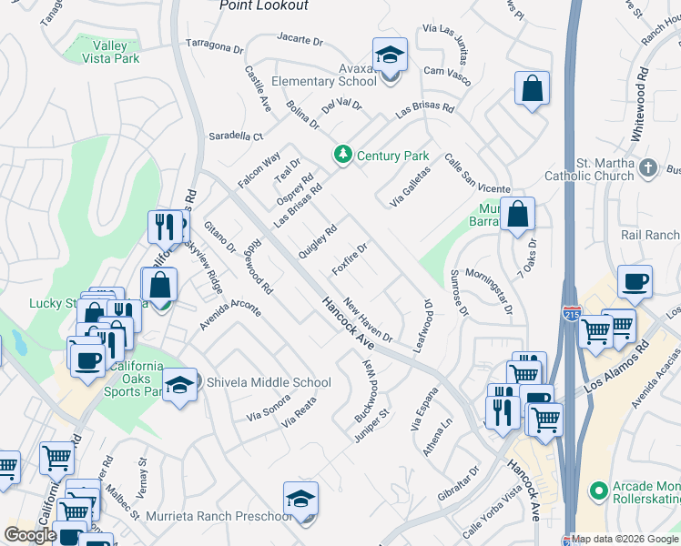 map of restaurants, bars, coffee shops, grocery stores, and more near 24461 Tuscola Circle in Murrieta