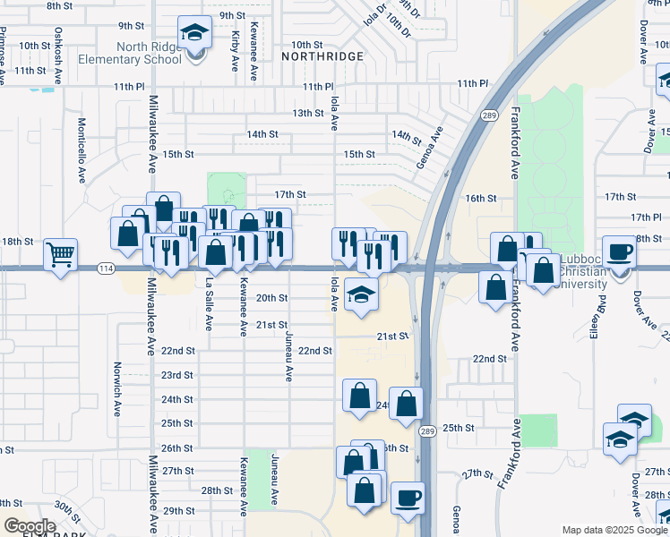 map of restaurants, bars, coffee shops, grocery stores, and more near 19th St & Iola Ave in Lubbock