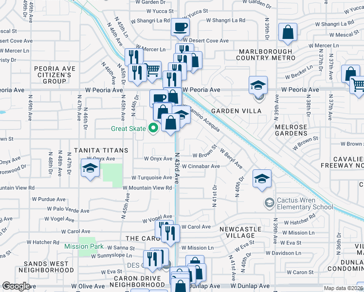 map of restaurants, bars, coffee shops, grocery stores, and more near 10032 North 42nd Drive in Phoenix