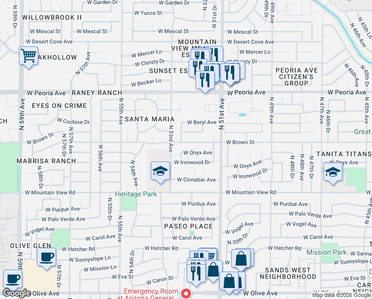 map of restaurants, bars, coffee shops, grocery stores, and more near 5221 West Onyx Avenue in Glendale