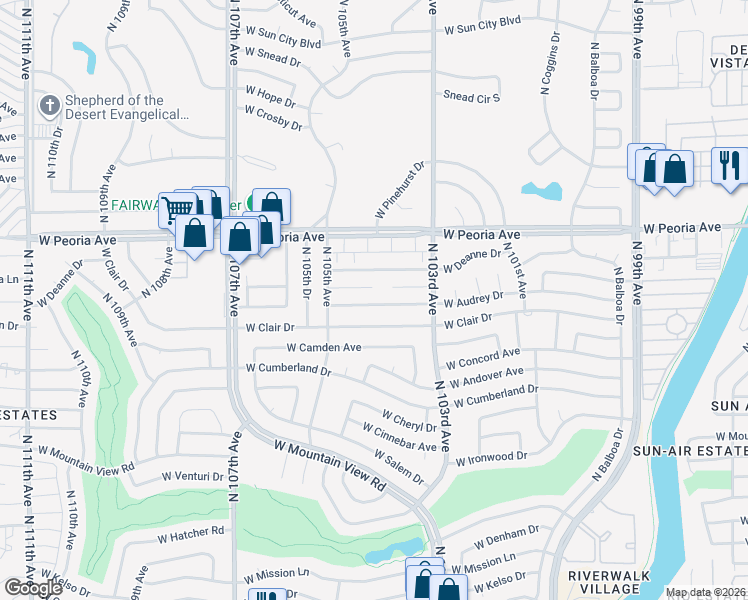 map of restaurants, bars, coffee shops, grocery stores, and more near 10363 West Audrey Drive in Sun City