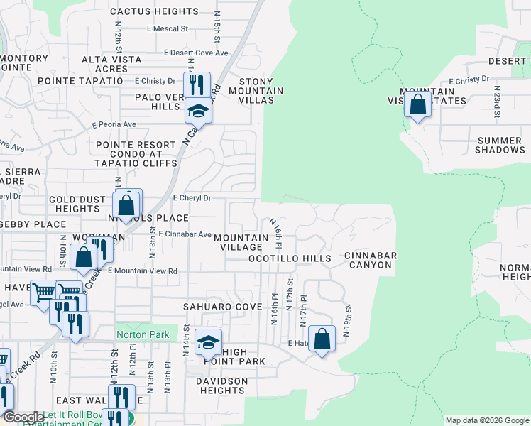map of restaurants, bars, coffee shops, grocery stores, and more near 9923 North 16th Place in Phoenix