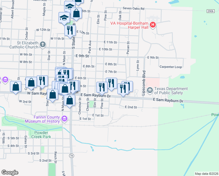 map of restaurants, bars, coffee shops, grocery stores, and more near 620 East 5th Street in Bonham