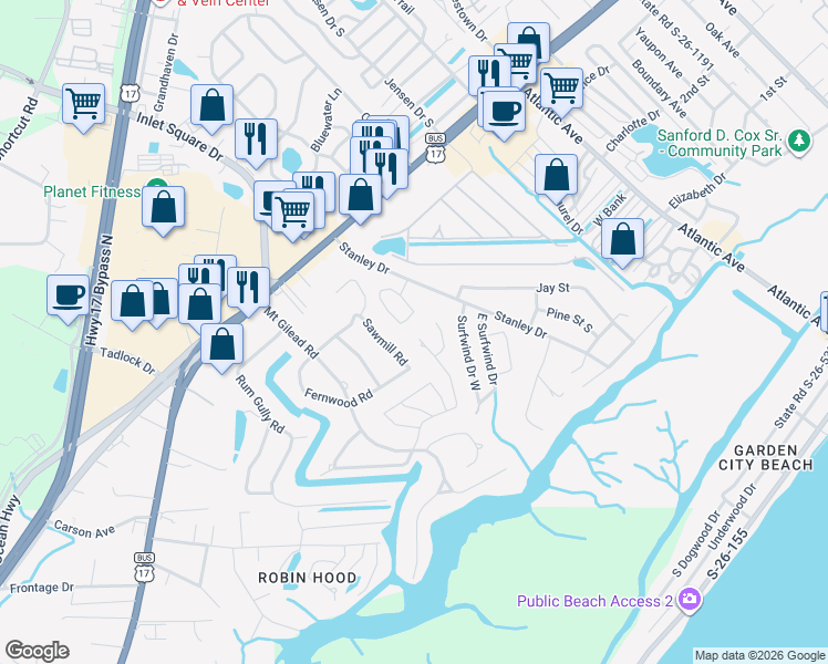map of restaurants, bars, coffee shops, grocery stores, and more near 824 Mount Gilead Place Drive in Murrells Inlet