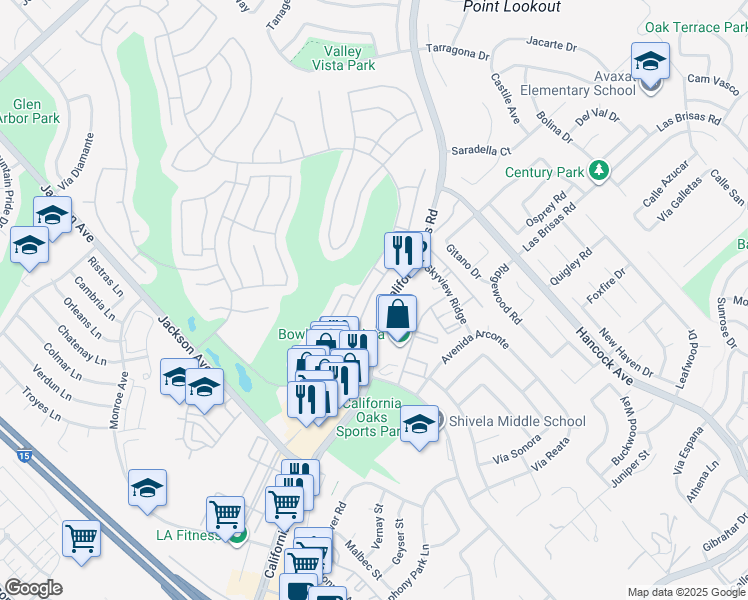 map of restaurants, bars, coffee shops, grocery stores, and more near 40380 Vía Francisco in Murrieta