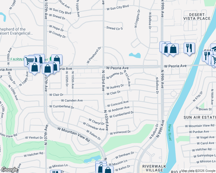 map of restaurants, bars, coffee shops, grocery stores, and more near 10237 North 103rd Avenue in Sun City