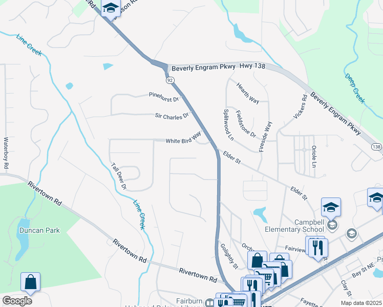 map of restaurants, bars, coffee shops, grocery stores, and more near 2065 Winding Crossing Trail in Fairburn