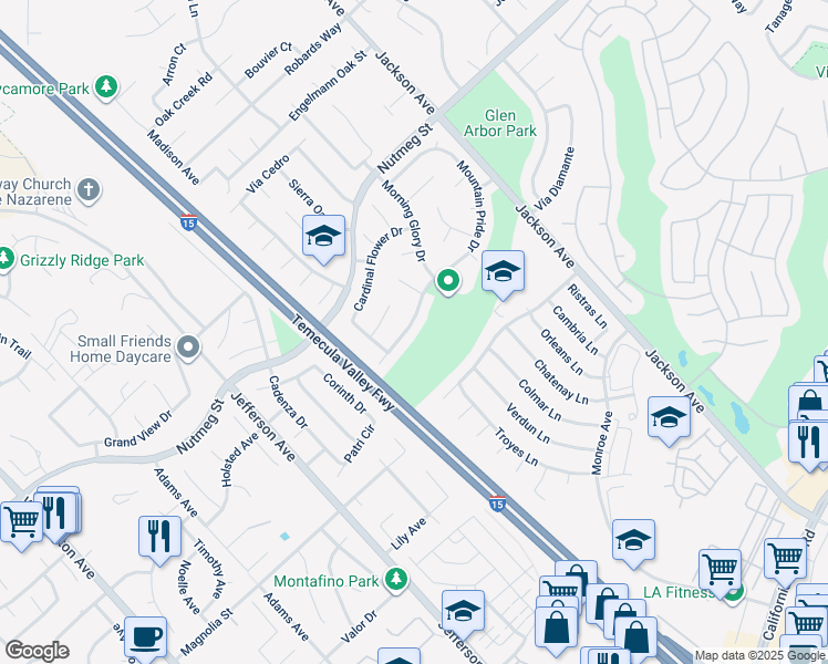 map of restaurants, bars, coffee shops, grocery stores, and more near 41146 Mountain Pride Drive in Murrieta