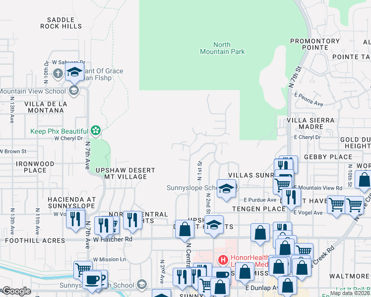 map of restaurants, bars, coffee shops, grocery stores, and more near 10001 North 1st Avenue in Phoenix