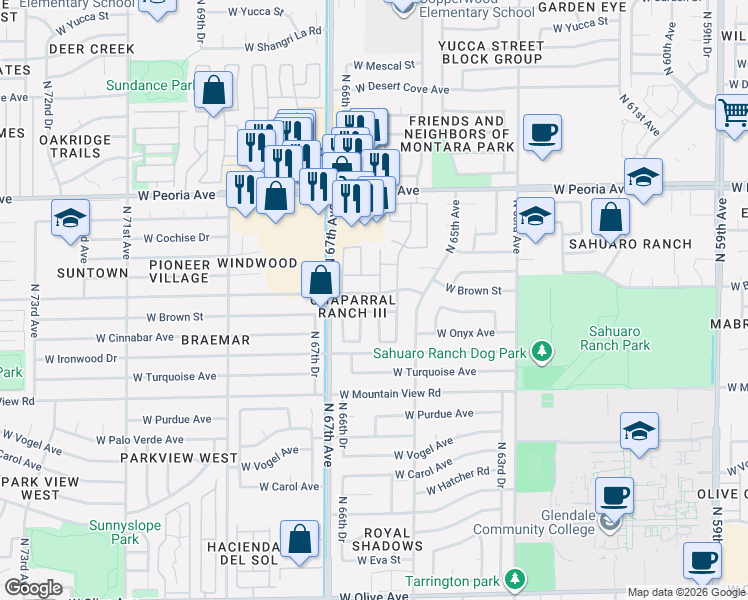 map of restaurants, bars, coffee shops, grocery stores, and more near 6618 West Cinnabar Avenue in Glendale