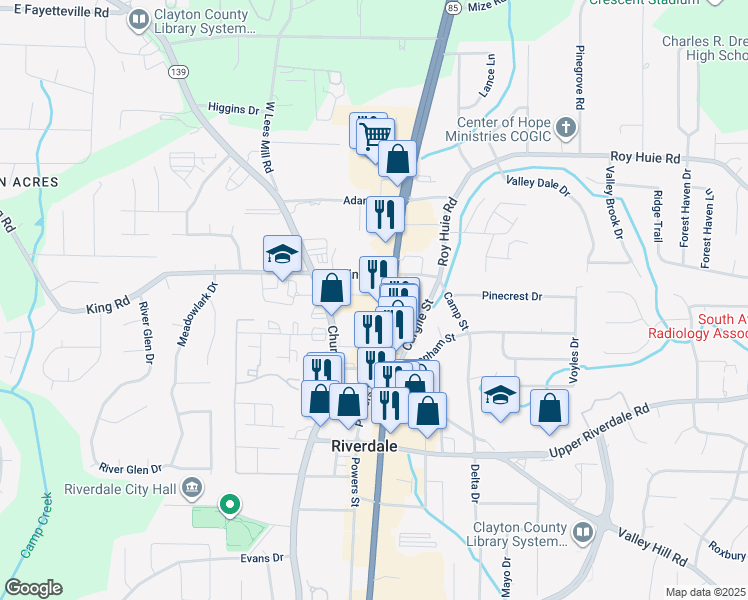 map of restaurants, bars, coffee shops, grocery stores, and more near 6499 Georgia 85 in Riverdale