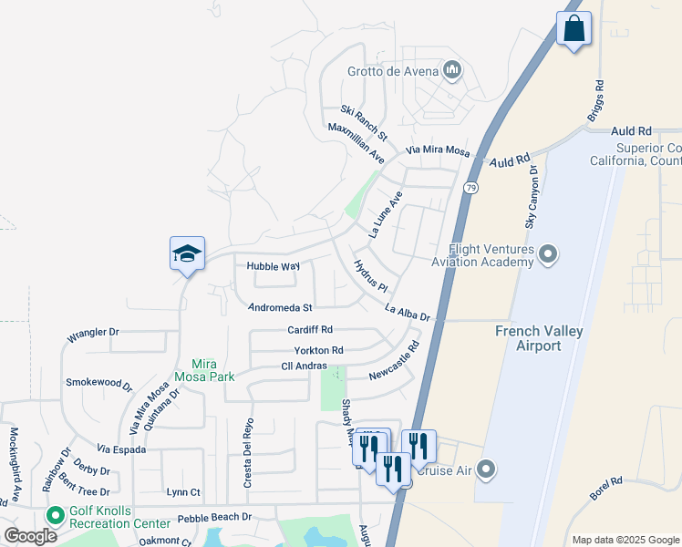 map of restaurants, bars, coffee shops, grocery stores, and more near 37408 Indus Place in Murrieta