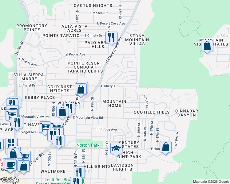 map of restaurants, bars, coffee shops, grocery stores, and more near 1416 East Brown Street in Phoenix