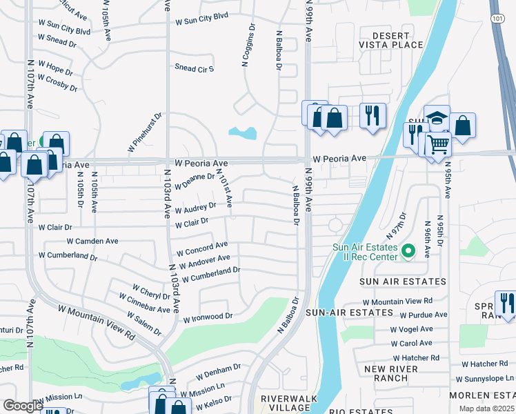map of restaurants, bars, coffee shops, grocery stores, and more near 9952 West Clair Drive in Sun City