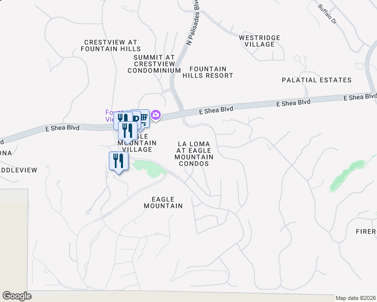 map of restaurants, bars, coffee shops, grocery stores, and more near 15025 East Scarlet Sky Lane in Fountain Hills