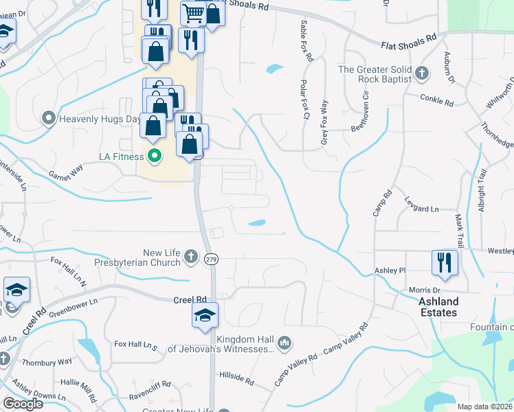 map of restaurants, bars, coffee shops, grocery stores, and more near 2340 Bigwood Trail in Atlanta