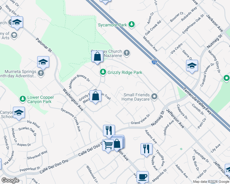map of restaurants, bars, coffee shops, grocery stores, and more near 23644 Adams Avenue in Murrieta