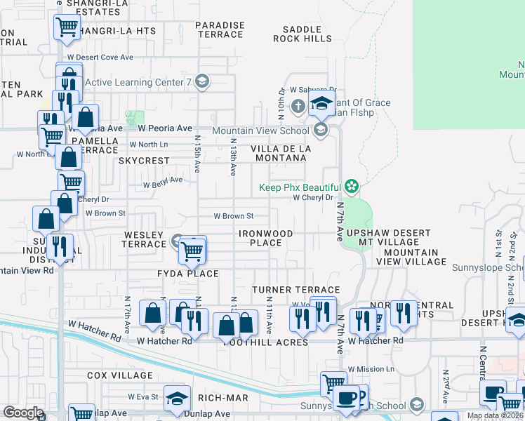 map of restaurants, bars, coffee shops, grocery stores, and more near 1111 West Brown Street in Phoenix