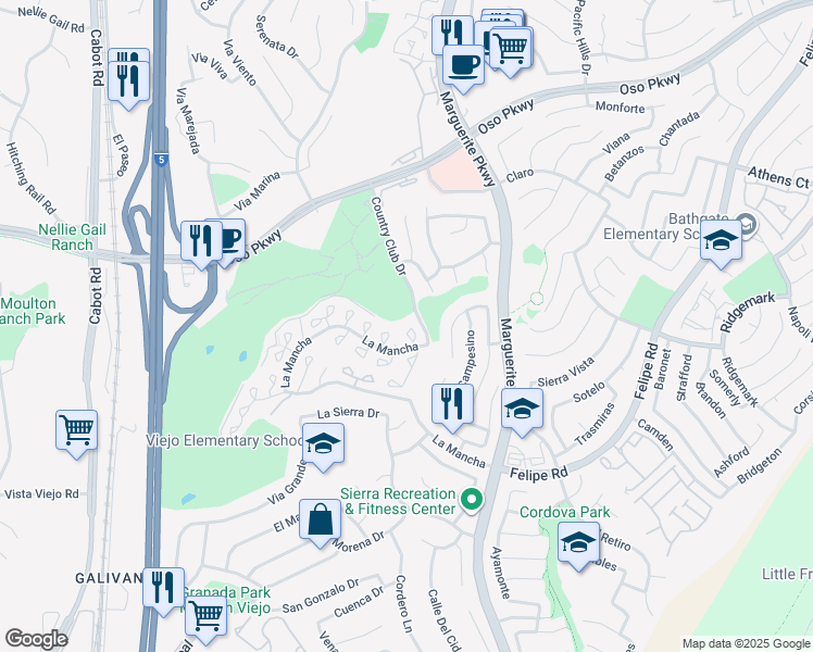 map of restaurants, bars, coffee shops, grocery stores, and more near 26532 Montiel in Mission Viejo