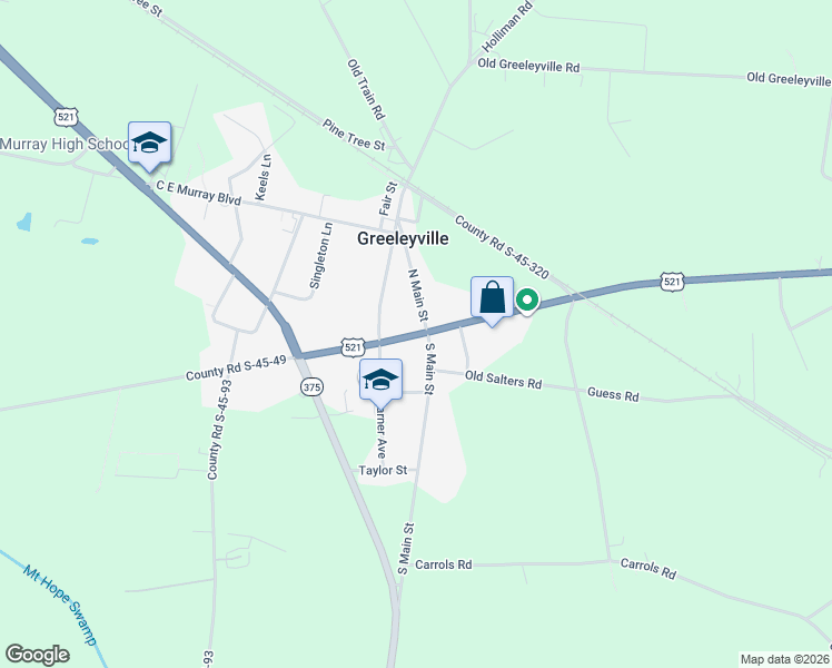 map of restaurants, bars, coffee shops, grocery stores, and more near 205 Society Street in Greeleyville