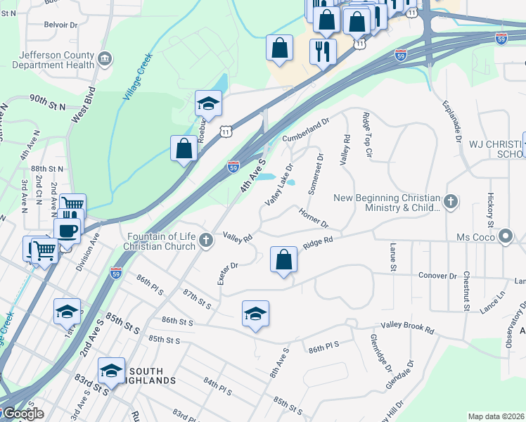map of restaurants, bars, coffee shops, grocery stores, and more near 449 Valley Lake Drive in Birmingham
