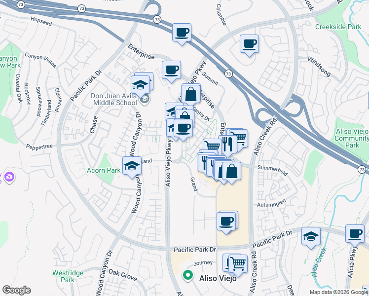 map of restaurants, bars, coffee shops, grocery stores, and more near 15 Vantis Drive in Aliso Viejo
