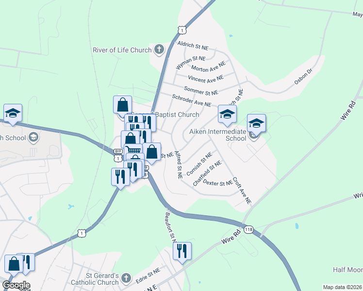 map of restaurants, bars, coffee shops, grocery stores, and more near 1107 Aldrich Street Northeast in Aiken