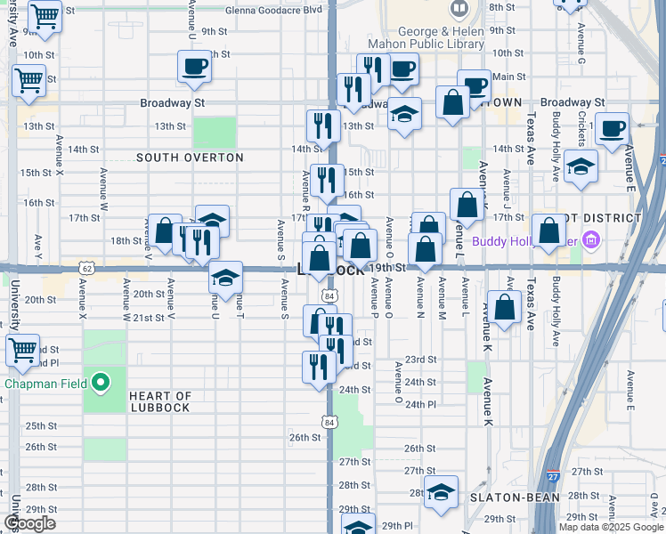 map of restaurants, bars, coffee shops, grocery stores, and more near in Lubbock