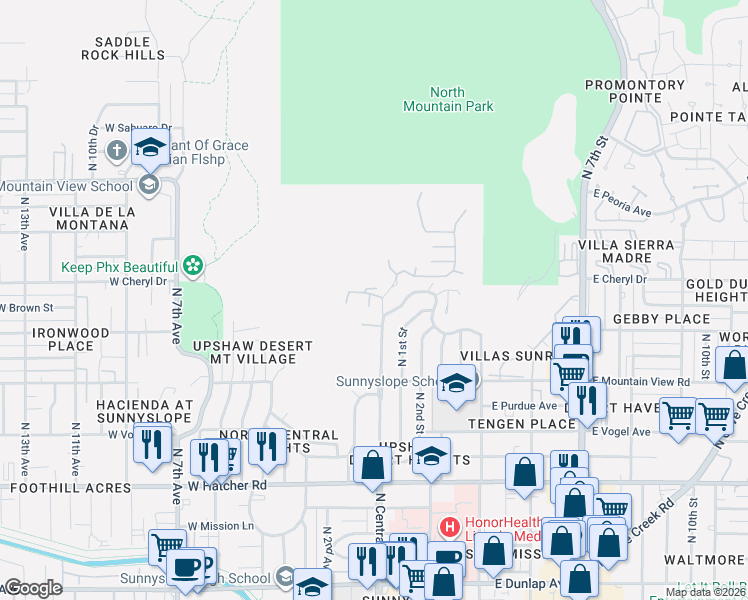 map of restaurants, bars, coffee shops, grocery stores, and more near 10001 North 1st Avenue in Phoenix