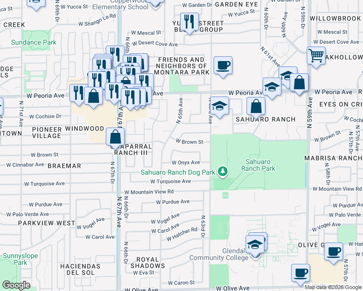 map of restaurants, bars, coffee shops, grocery stores, and more near 6346 West Cinnabar Avenue in Glendale