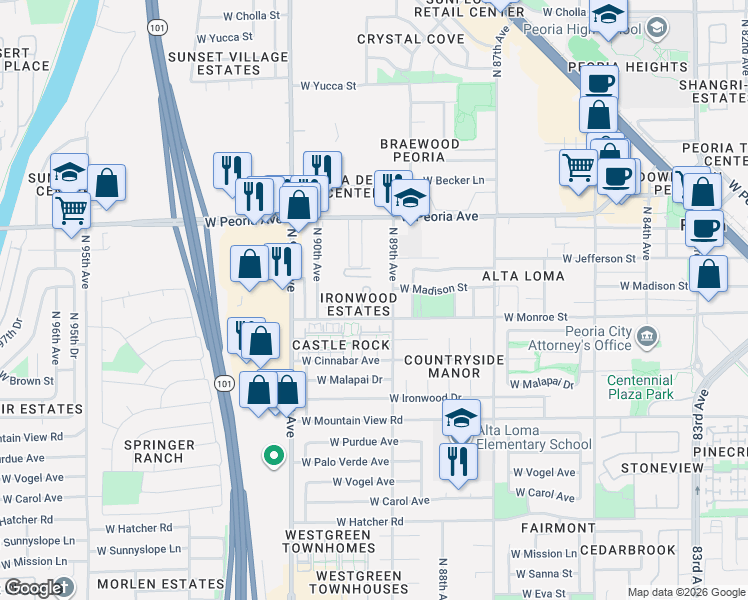 map of restaurants, bars, coffee shops, grocery stores, and more near 8902 West Monroe Street in Peoria