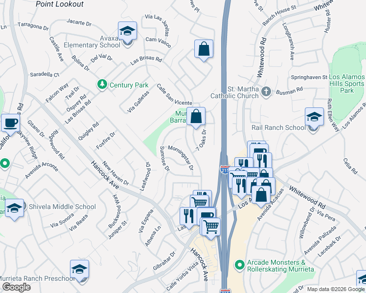map of restaurants, bars, coffee shops, grocery stores, and more near 24662 Morningstar Drive in Murrieta