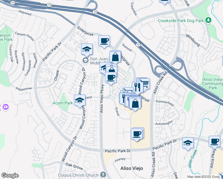 map of restaurants, bars, coffee shops, grocery stores, and more near 15 Vantis Drive in Aliso Viejo