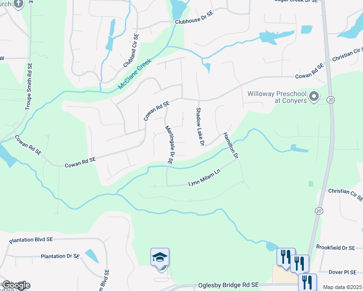 map of restaurants, bars, coffee shops, grocery stores, and more near 3818 Martingale Drive Southeast in Conyers