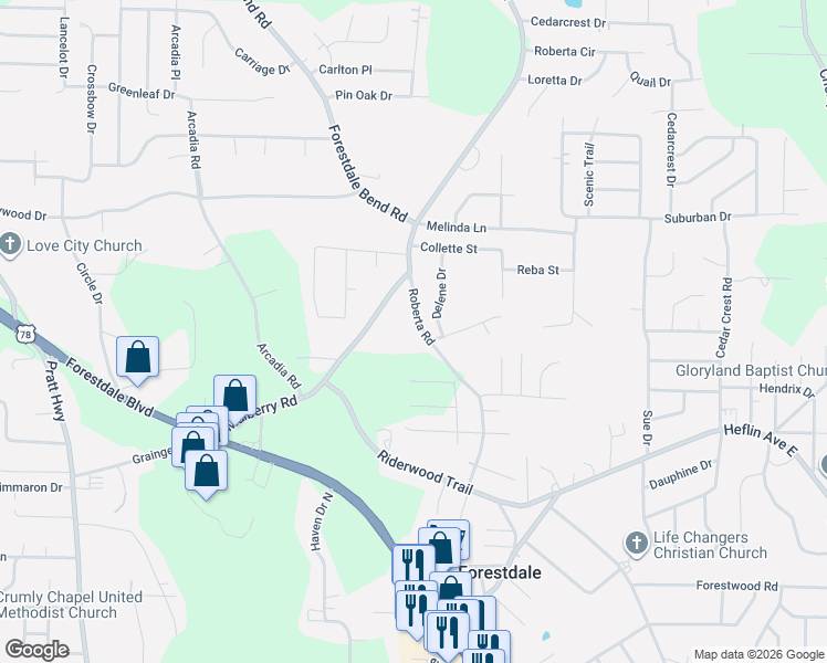 map of restaurants, bars, coffee shops, grocery stores, and more near 1900 Roberta Road in Birmingham