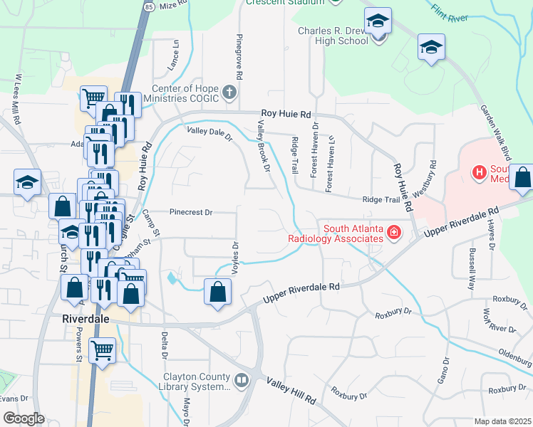 map of restaurants, bars, coffee shops, grocery stores, and more near 365 Riverbrook Court in Riverdale