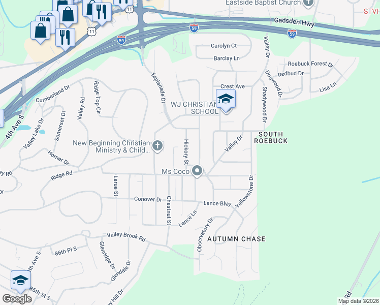 map of restaurants, bars, coffee shops, grocery stores, and more near 629 Hickory Street in Birmingham