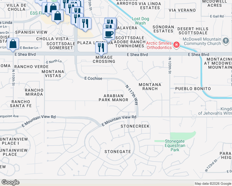 map of restaurants, bars, coffee shops, grocery stores, and more near 9738 North 116th Street in Scottsdale
