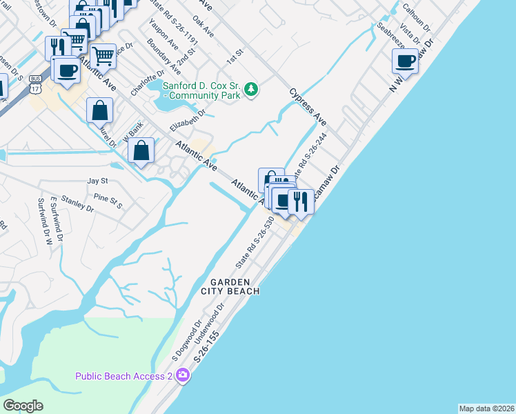 map of restaurants, bars, coffee shops, grocery stores, and more near 118 Dogwood Drive North in Murrells Inlet