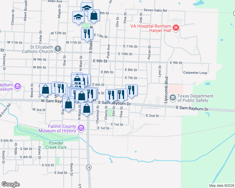 map of restaurants, bars, coffee shops, grocery stores, and more near 519 East Sam Rayburn Drive in Bonham