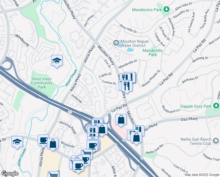map of restaurants, bars, coffee shops, grocery stores, and more near 24361 Conejo in Laguna Hills